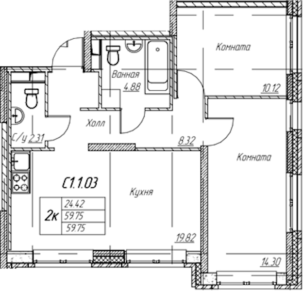 2-комнатная квартира 59.75 м², 1/22 эт., ЖК «Парк-квартал Юнтолово»